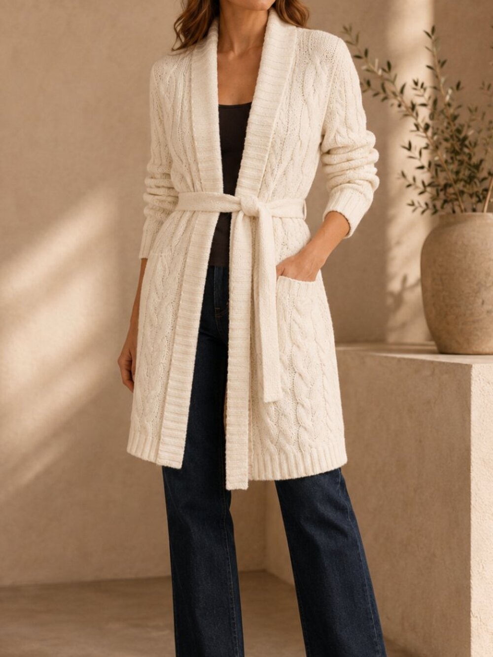 L’AGENCE Jax Long Cable Knit Belted Cardigan Ivory Small NWT